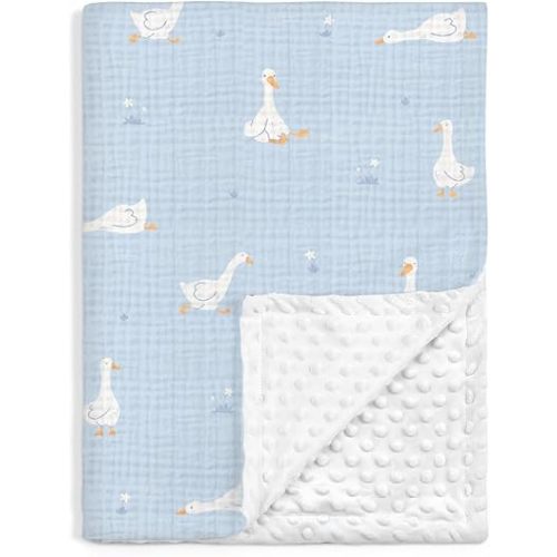 SANDJEST Little Goose Minky Muslin & Dotted Blanket 30x40 in Gift for Holiday, Gender Reveal Party, Hospital Visit, Baptism