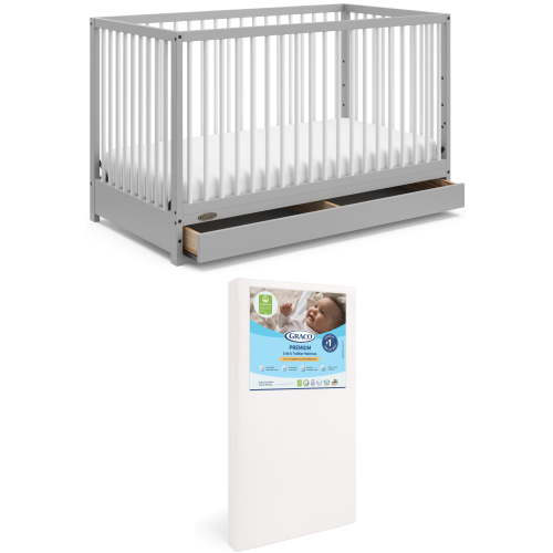 Graco Teddi 5-in-1 Convertible Crib with Drawer and Premium Crib & Toddler Mattress Bundle, Pebble Gray with White
