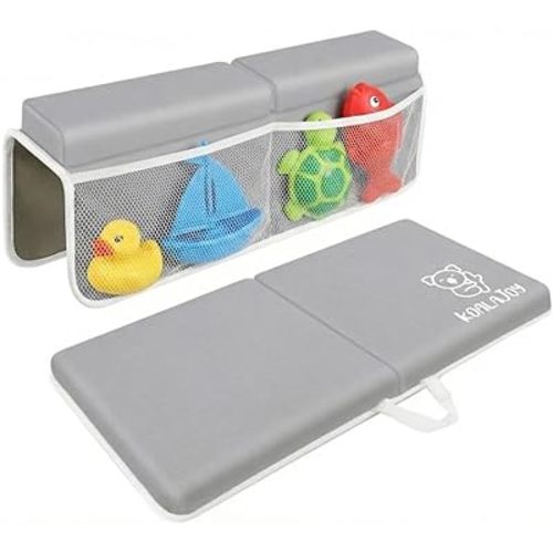 KoalaJoy Premium Baby Bath Kneeler & Elbow Rest Pad Set – Thick Memory Foam Cushion – Non-Slip Mat with Mesh Toy Organizer – Baby Bathing Essentials for Parents – Gray