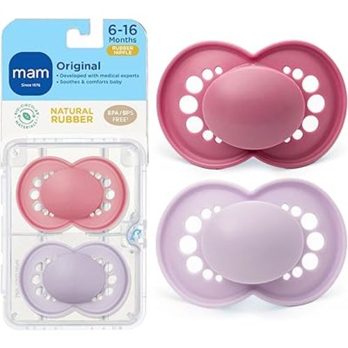 MAM Original Latex Pacifiers, Binky Pacifier for 6-16 Months, Natural Rubber Nipple, Made from Bio-Circular Materials, Easy to Clean, with Sterilizer Case, 2 Count Binkies