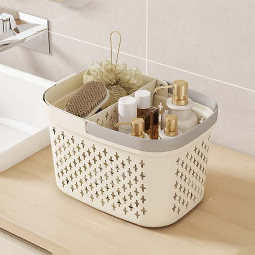 Xecvkr Shower Basket Organizer Bathroom Caddy Handheld Bath Storage Large Capacity Basket Hollow Drain Partition Adjustable Handle College Dorm 1pc
