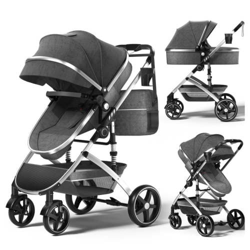 TEAYINGDE 2 in 1 Baby Stroller,Foldable Lightweight Carriage Reversible Bassinet Pram for Toddler,Travel Stroller with with Cup Holder、Storage Bag,Gray
