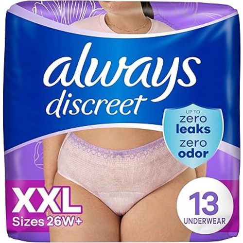 Always Discreet Adult Diapers for Women, Incontinence Underwear, Postpartum Essentials, Disposable Briefs, Max Absorbency, Bladder Leak Protection, 2XL / XXL, 13ct