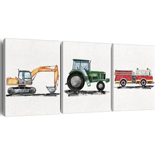 Set of 3 Construction Vehicle Wall Art Truck Framed 11.5x15 Inch