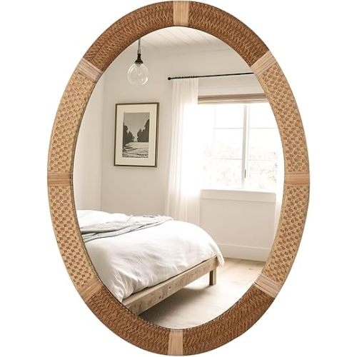 ULIKE Boho Oval Rattan Mirror, 22x30 Inch Rustic Farmhouse Wall Decor with Wicker Frame, Rattan Mirror for Nursery Bathroom Bedroom Living Room Entryway
