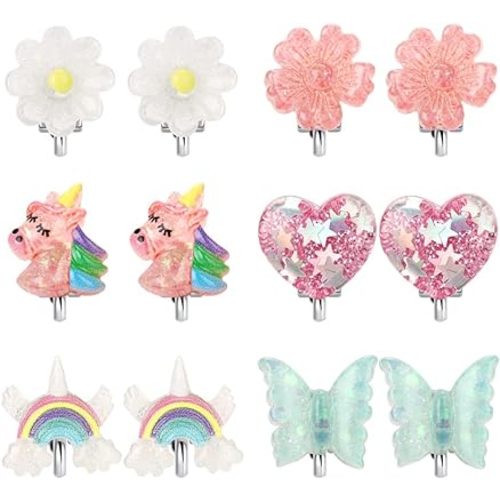 6Pairs Crystal Unicorn Clip On Earrings for Little Girls, Rainbow Clip-on Jewelry Butterfly Earrings Toddler Girls Dress Up Jewelry
