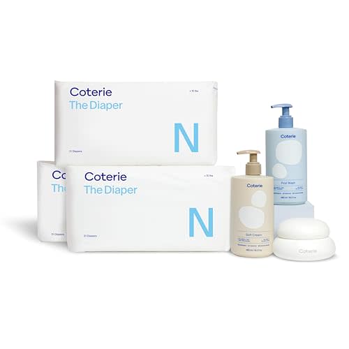 Coterie Skincare Essentials Set | Newborn Diapers (93 Count) + 16.2 oz Shampoo & Body Wash, 16.2 oz. Face & Body Lotion, 4.7 oz Diaper & Dry Skin Balm | Hypoallergenic, Safe for Sensitive Skin