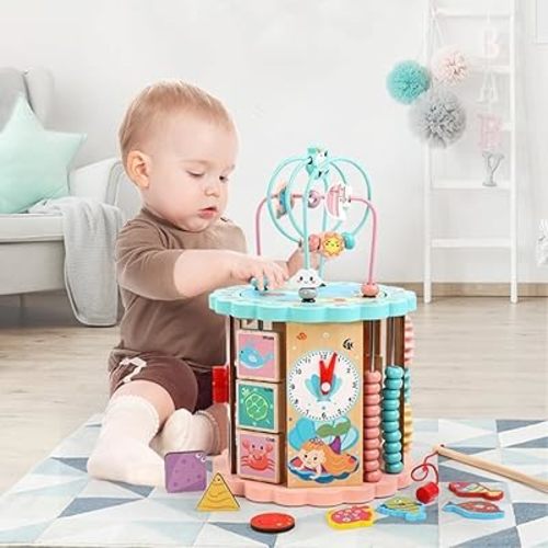 Wooden Activity Cube, 8-in-1 Montessori Toys for 12+ Months Babies, Early Educational Toys, Shape Sorter Blocks and More, Baby Sensory Fine Motor Skills Developmental Toys