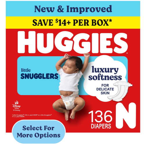 Huggies Little Snugglers Fragrance Free Baby Diapers, Size Newborn (up to 10 lbs), 136 Count (Select for More)