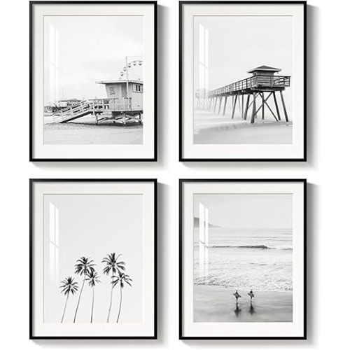 Framed Black and White Beach Wall Art, 4 Piece Coastal Photography Canvas Artworks, Ocean Wave Palm Tree Seascape Picture Prints for Living Room Bedroom Bathroom Hallway Office Wall Decor, 11x14 Inch