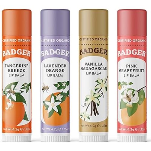 Badger Classic Organic Lip Balm Set - Yellow Box, Light Silky Long Lasting Lip Moisturizer Gift Set, All Natural Lip Balm Variety Pack Lip Set (Tangerine, Lavender Orange, Vanilla, Grapefruit), 4 pack