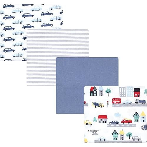 Hudson Baby Unisex Baby Cotton Rich Flannel Receiving Blankets 4-Pack, City Life, One Size