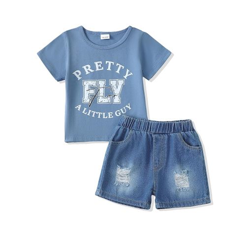 NZRVAWS Baby Boy Clothes Toddler Boy Outfit 2 3 4T 6 12 18 24 Months Spring Summer Letter Printed T Shirt Shorts Ripped Jean