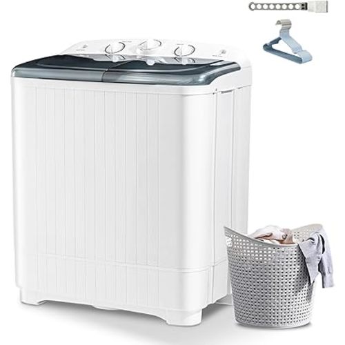 Sportpulse 22lbs Compact Mini Twin Tub Washing Machine with Drying Rack, 13lbs Portable Laundry Washer and 9lbs Spinner, Convenient and Efficient for Dorms, Apartment (Black, 22lbs)