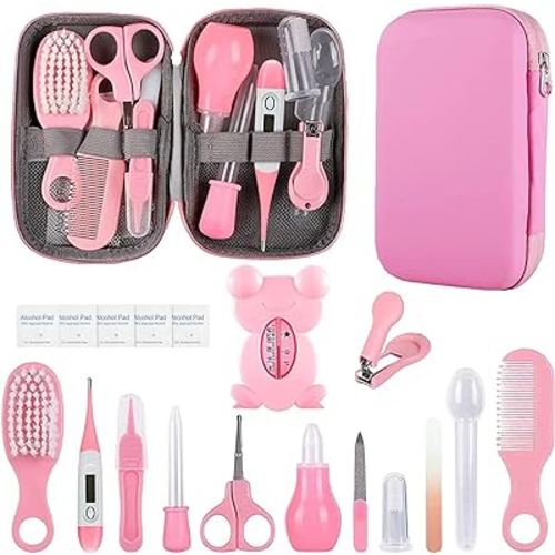 Baby Grooming Kit, Infant Safety Care Set with Hair Brush Comb Nail Clipper Nasal Aspirator Ear Cleaner,Baby Essentials Kit for Newborn Girls Boys (Pink Baby Grooming kit)