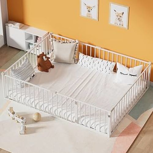 Queen Floor Bed for Children, Metal Montessori Bed Queen with Rails and Door, Montessori Floor Beds Frame for Girls and Boys, Easy Assemble, Without Slats, White