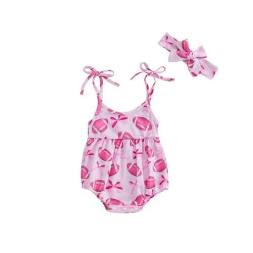 Baby Girl Football Outfit, Bow Rugby Print Round Neck Tie Shoulder Romper Bow Headband 2 Piece Set | SHEIN USA