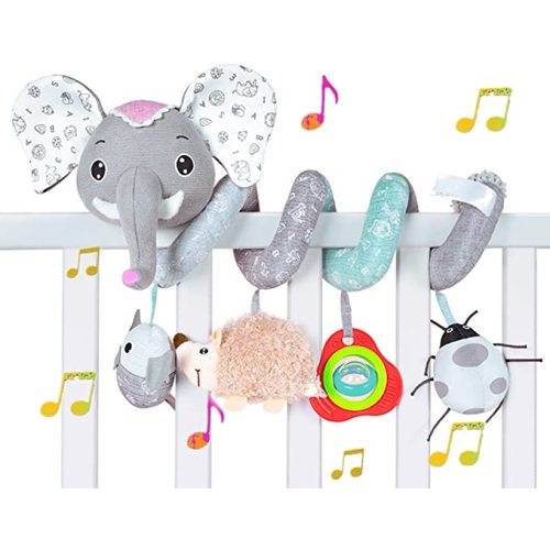 Baby Car Seat Toys, Spiral Plush Suspension Toys For Strollers And Travel Activities, Owl Rattles With Music, Hedgehog Buzzers, Ladybug Squeaks (Elephant)