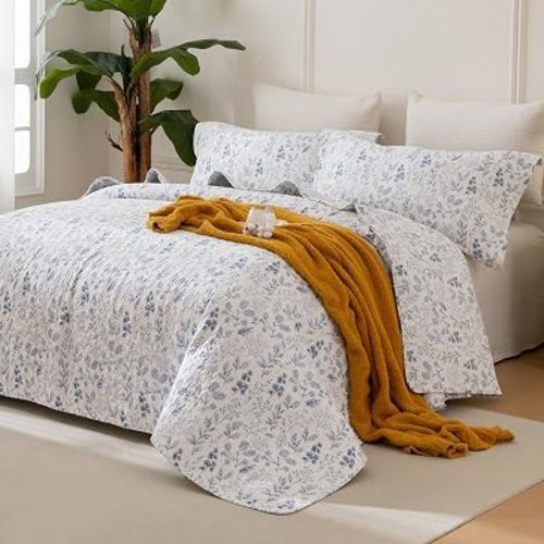 Sanracie 100% Cotton Bedspread Sets Queen Size(90"x98"), Shabby Vintage Chic White and Blue Floral Bedding Set 3Pcs Soft Breathable Botanical Garden Floral Quilt Sets for All-Season