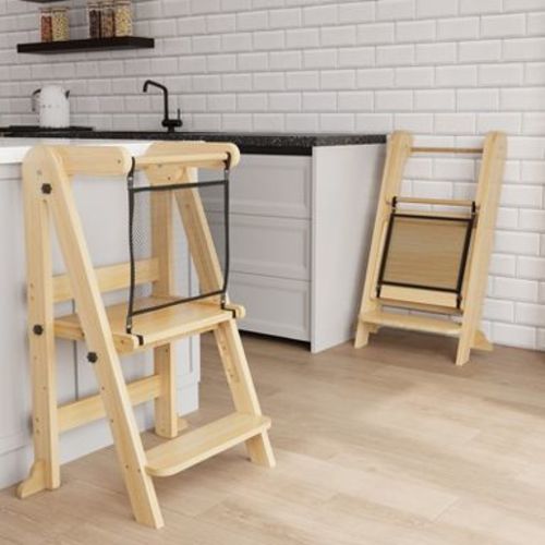 TinyHomie Foldable Toddler Kitchen Tower, 3 Adjustable Height Wooden Learning Stool, Standing Tower with Safety Net for Kitchen Bathroom (Natural)