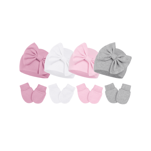 "Zando Baby Beanie Hats and Mittens, Cotton Bow Design, Double Layer, 0-3 Months, 11.8"" Circumference"