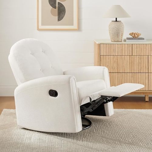VANOMi 360 Swivel Rocker Recliner Chair, Nursery Rocking Chair with Tufted Backrest, Manual Recliner Chairs for Small Spaces, Upholstered Glider Nursing Chair for Living Room, Bedroom (White)