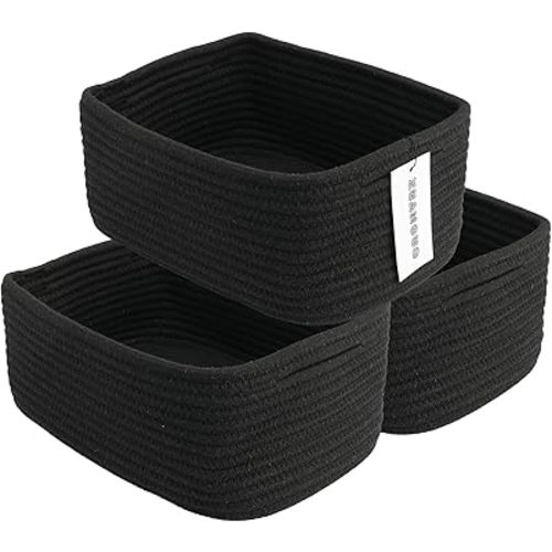 Small Woven Storage Baskets 12“X8”X5“ Decorative Rope Bins for Organizing Shelves, Closets, and Toys, Empty Gift Baskets, Cute Organizer Basket for Home and Office (black, regular)