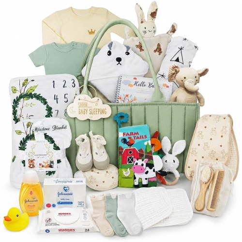 Baby Gift Basket for Newborn Boy or Girl (Green) Essentials Gift Set with Diaper Bag Caddy Organizer, Baby Clothes, Unisex, , Nursery Keepsakes & New Parent Gifts