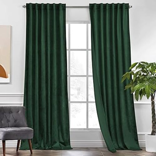 KGORGE Velvet Blackout Curtains 84 inches Luxury Soundproof Room Darkening Thermal Insulated Dark Green Velvet Curtains for Living Room French Door, Rod Pocket, Set of 2, W52 x L84, Hunter Green