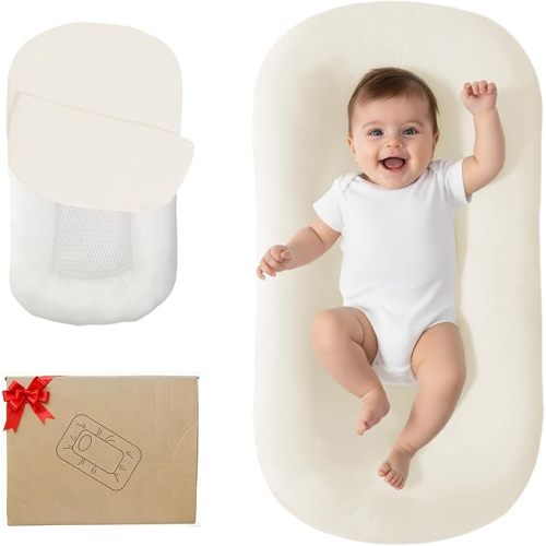 Lucakuins Baby Lounger, Bionic Design Baby Lounger for Newborn 0-24 Months, Soft Organic Cotton Breathable Lounger for Infants (White Newborn Lounger)