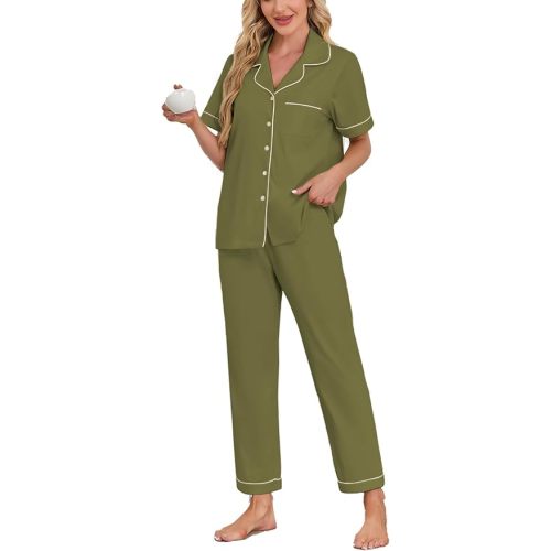COLORFULLEAF Women's 100% Cotton Pajamas Set Button Down Sleepwear Short Sleeve Shirt and Long Pants Soft Ladies Lounge Sets
