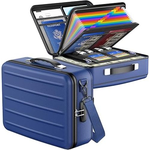 Fireproof Document Box with Lock, Hard-Shell Fireproof Safe for Home Documents, Portable Travel Fire Proof File Box for Passport Laptop Certificates, Navy Blue