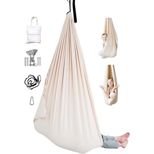 Marlowe & Co Sensory Swing for Kids Indoor Outdoor, Therapy Pod Cocoon Swing for Autism ADHD SPD, Double Layer Cotton Hammock Swing, Holds 200 lbs, 360° Swivel Hardware Included, Oat