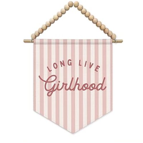 SJDFCSA Pink Girl Nursery Long Live Girlhood Wall Art Decor, Girls Room Decor, Boho Pink Striped Wall Hanging Display Pennant Flag for Kids Girls Nursery Toddler Room Bedroom Playroom