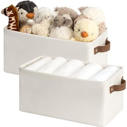 StorageWorks Narrow Storage Bins, Small Basket for Closet and Shelves, Rectangular Fabric Organizer with Handles, Toilet Paper Storage, Beige, 2-Pack