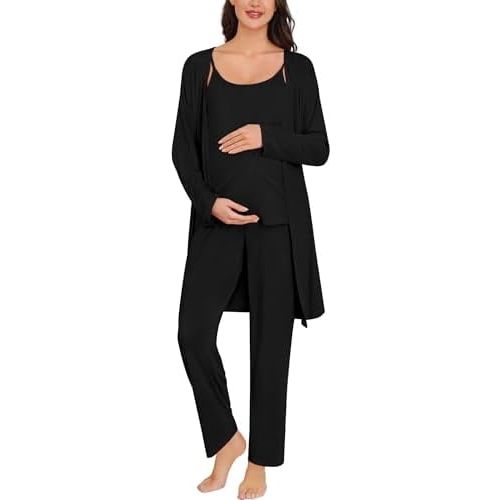 SWOMOG Maternity Pajamas Set 3 PCS Nusing Pajamas Labor and Delivery Gown & Camisole & Pants Postpartum Pjs