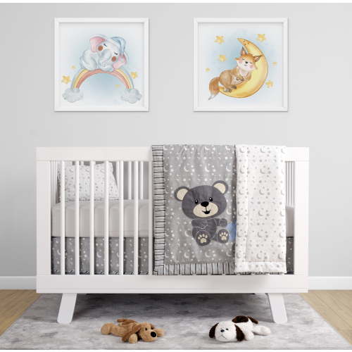 BabyFad Teddy Bear Grey with Stars, Moon and Cloud 100% Cotton Nursery 9 Piece Crib Bedding Set