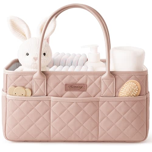 Konssy Quilted Diaper Caddy Organizer, Diaper Caddy Basket with PU Leather Handles, Water-Repellent Nursery Storage Basket, Portable Car Organizer, Registry Search Must Haves (Blush Pink)