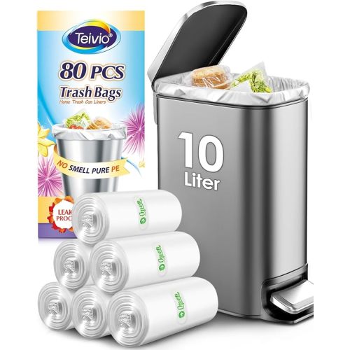 2.6 Gallon 80 Counts Strong Trash Bags Garbage Bags by Teivio, Bathroom Trash Can Bin Liners, Small Plastic Bags for Home Office Kitchen,fit 10 Liter, 2,2.5,3 Gal, Clear