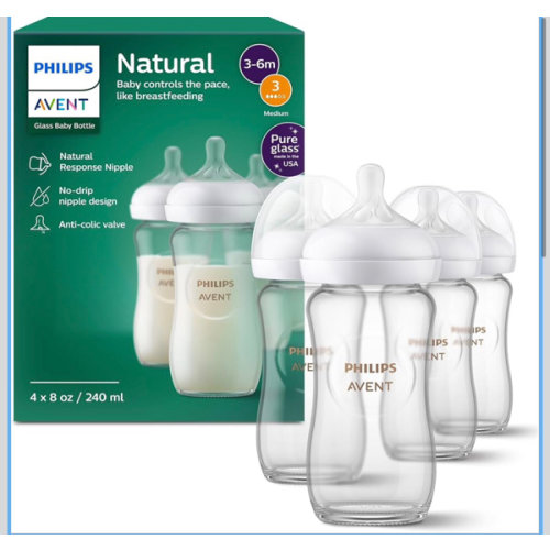 Philips Avent Natural Glass Baby Bottles with Natural Response Nipples (Medium Flow, Flow 3), 8oz, 4-Pack, SCY913/04