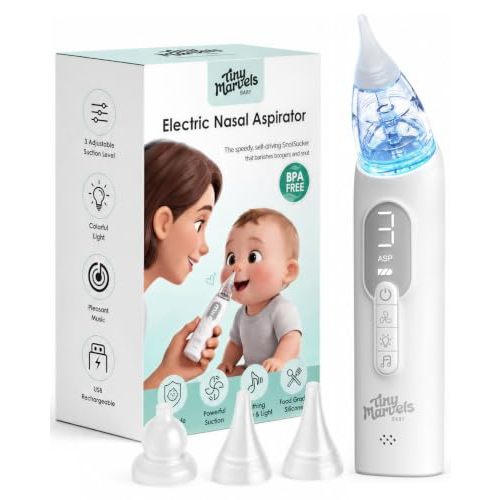 Nasal Aspirator for Baby, Nose Sucker with 3 Suction Level, Music Light | 3 suction modes, 3 BPA-free silicone tips, low 35dB noise, lights and lullabies, detachable design, USB charging
