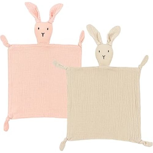 ZIGJOY Bunny Lovey Muslin Cotton Baby Security Blanket Soft Breathable Lovies for Babies Gifts for Newborn Infant Toddler Boys and Girls, Pink & Khaki