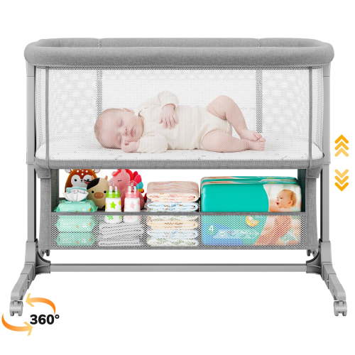 COFUNOK Baby Bassinet,Bedside Bassinet for Baby,Baby Bassinets Bedside Sleeper for Newborns,With 360° Swivel Wheels,7 Adjustable Height,Full-Mesh Sides,Large Storage Basket-Light gray