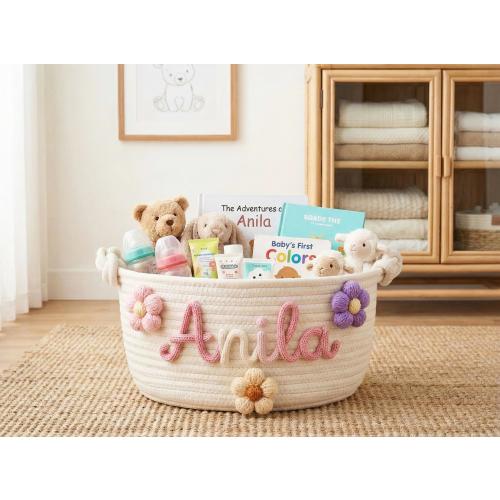 Personalized Baby Name Basket, Woven Cotton Rope Basket, Custom Nursery Storage Basket, Baby Shower Gift, Newborn Easter Basket