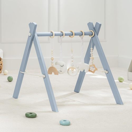 Comfy Cubs Baby Play Gym Set, Wooden Baby Playgym, Interactive Activity Center Hanging Bar with Gym Toys, Foldable for Infants, Newborn Gift for Baby Girl and Boy (Pacific Blue)