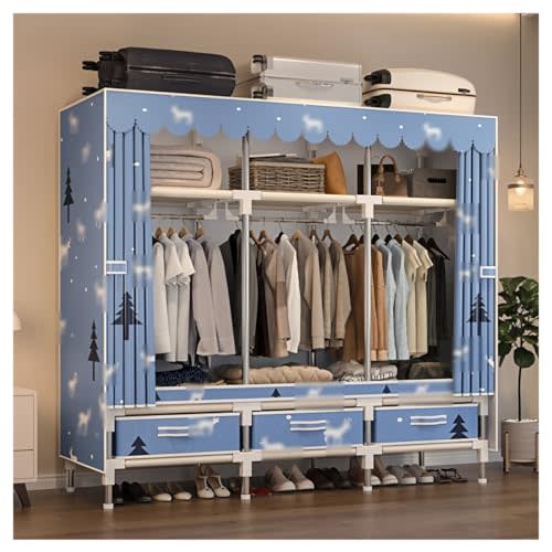 Closet Wardrobe Portable Clothes Closet with Drawer Boxes Shelves Clothing Storage with Hanging Rack Storage Organizer for Cloakroom Bedroom Entrances(Blue,150x45x165CM)