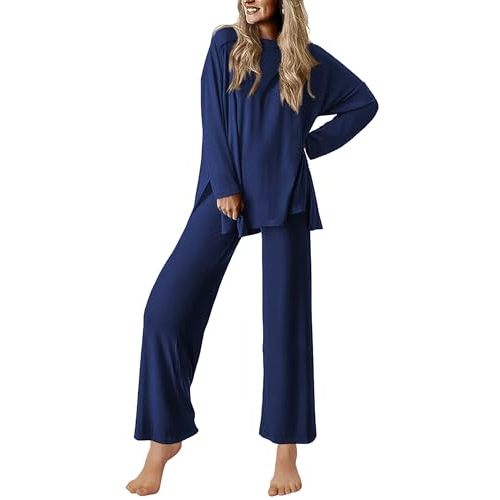 Ekouaer Lounge Sets for Women Long Sleeve Pajamas 2026 Loungewear Soft Comfy Pjs Two Piece Travel Outfits Set