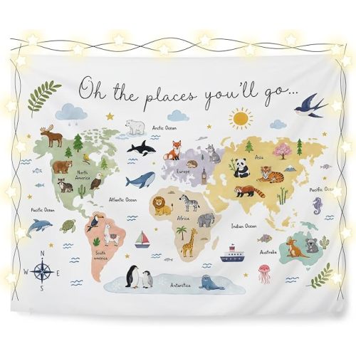 Elpwk Boho Kids Animal World Map Nursery Tapestry Wall Decor 50x60 Inch