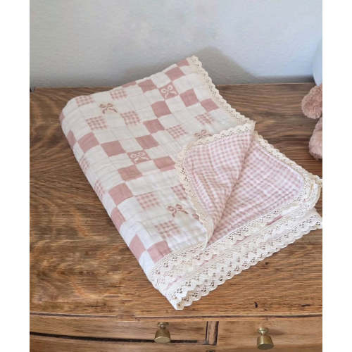 Big Kid Blanket 6 Layer Gauze QUILTED- Pink Bows and Gingham