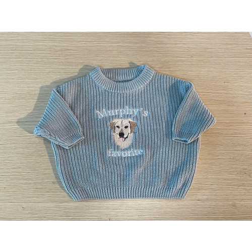 Custom Embroidered Baby Knit Sweater: Personalized Pet Portrait & Child’s Name, Protected by Dog
